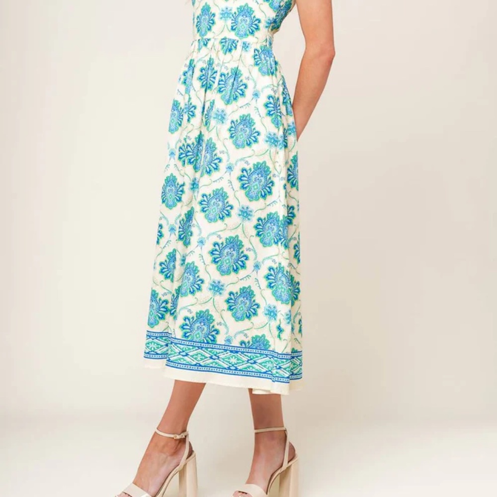 Flying Tomato Strapless Midi Dress in White with Blue & Teal Floral Print - Picture 2 of 8